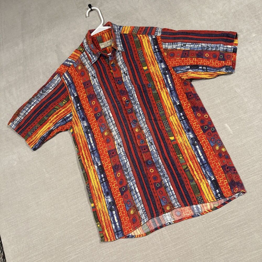 Vintage Mens Kings Road Sears Hawaiian Button Up Polo Shirt Orange Aztec Medium‎